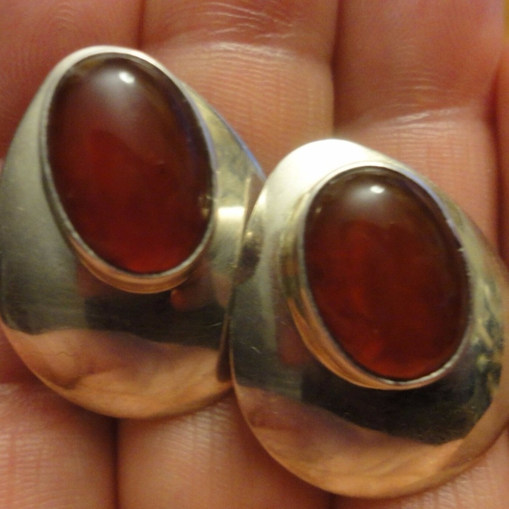 MS Sterling Silver  Pierced Earrings Red Cabochon